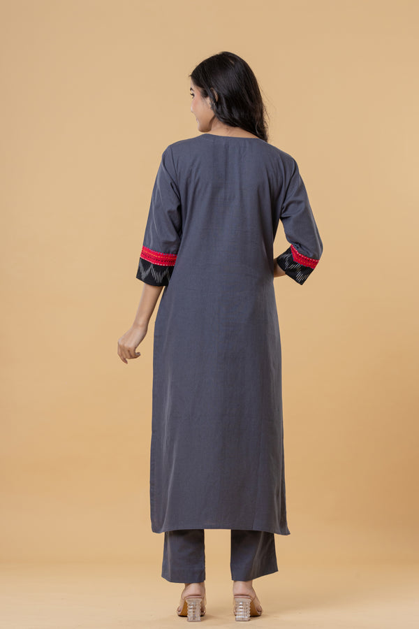 Charcoal Grey Kurti with Colorful Embroidered Yoke & Tassel Detailing
