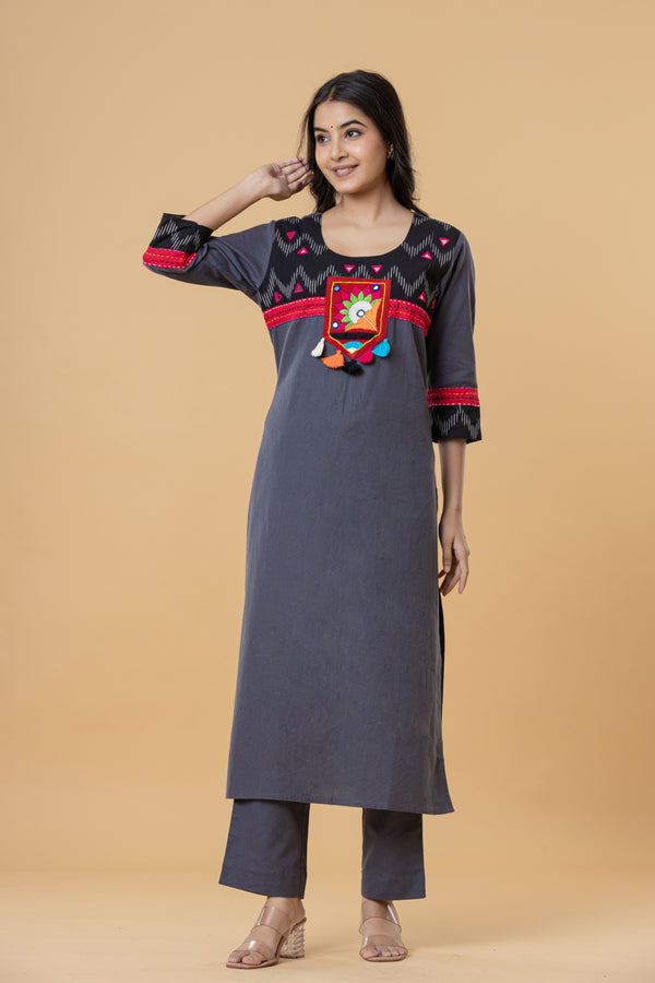 Charcoal Grey Kurti with Colorful Embroidered Yoke & Tassel Detailing