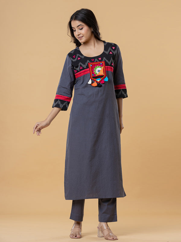 Charcoal Grey Cotton Kurti with Colorful Embroidered Yoke & Tassel Detailing