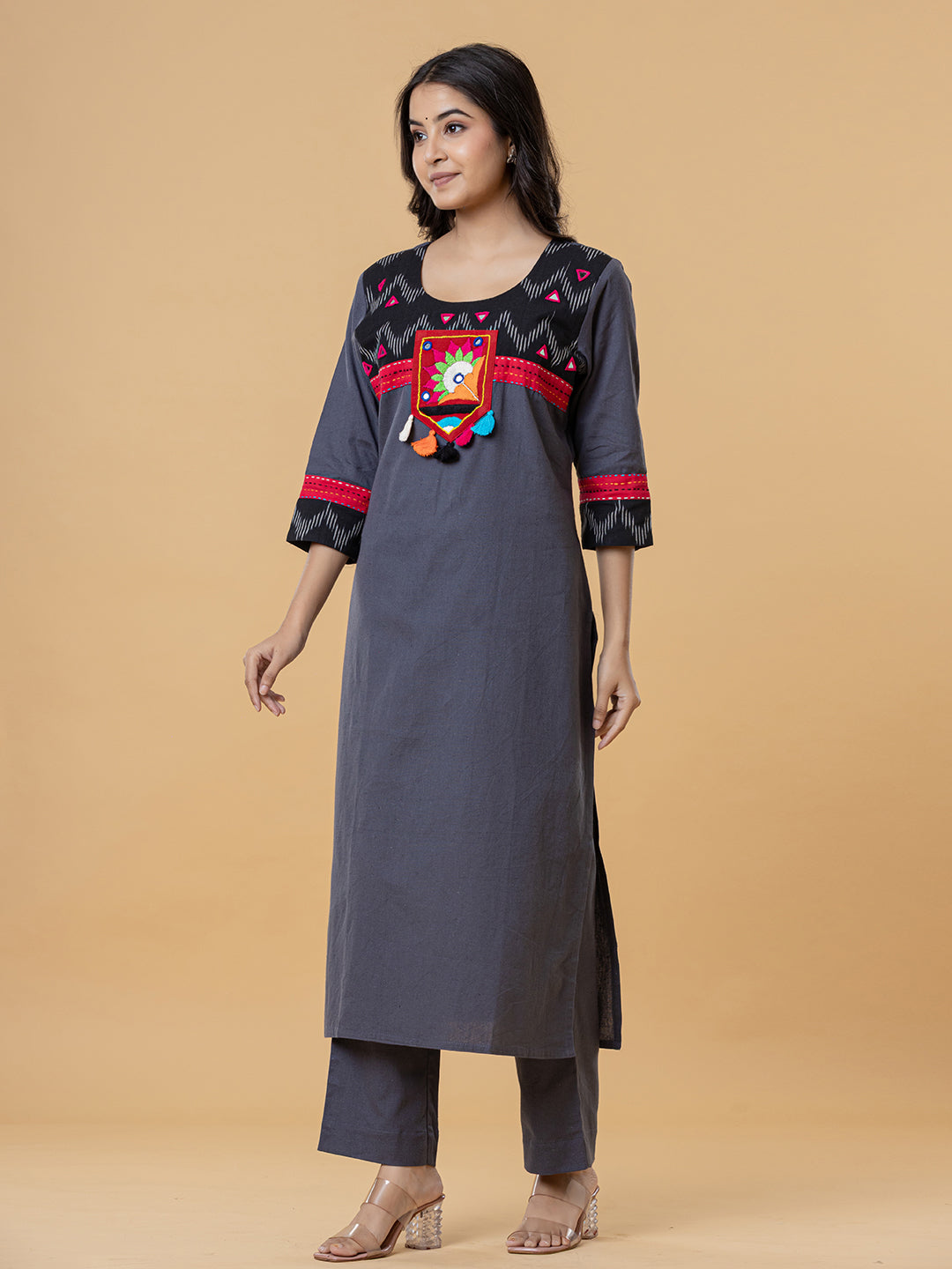 Charcoal Grey Cotton Kurti with Colorful Embroidered Yoke & Tassel Detailing