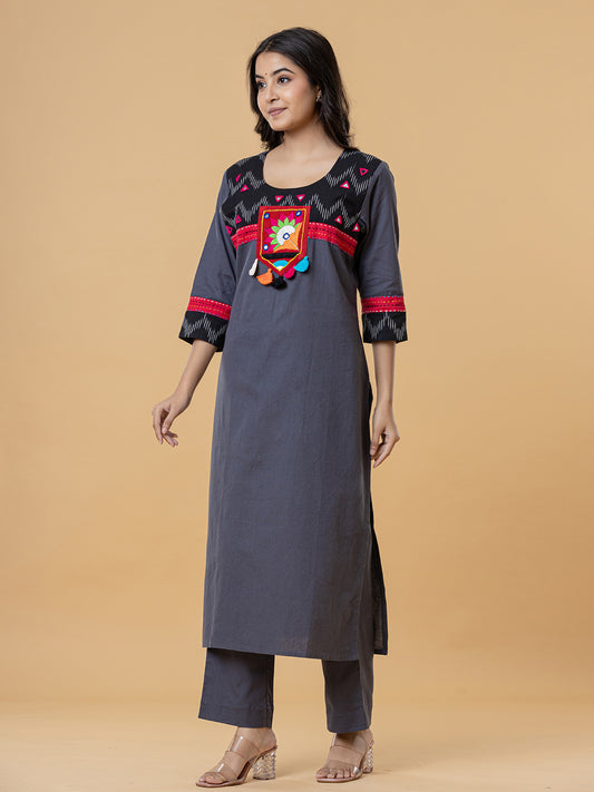 Grey Cotton Kurta Pant Set