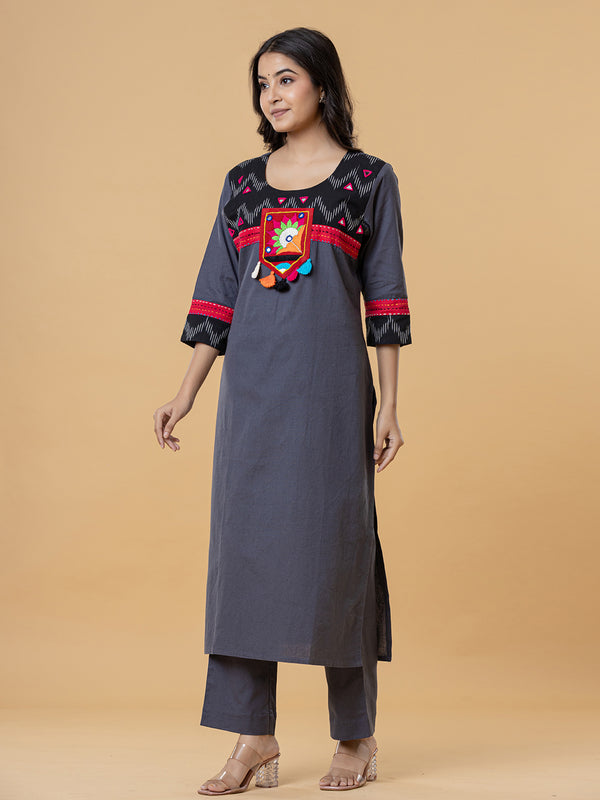 Charcoal Grey Cotton Kurti with Colorful Embroidered Yoke & Tassel Detailing