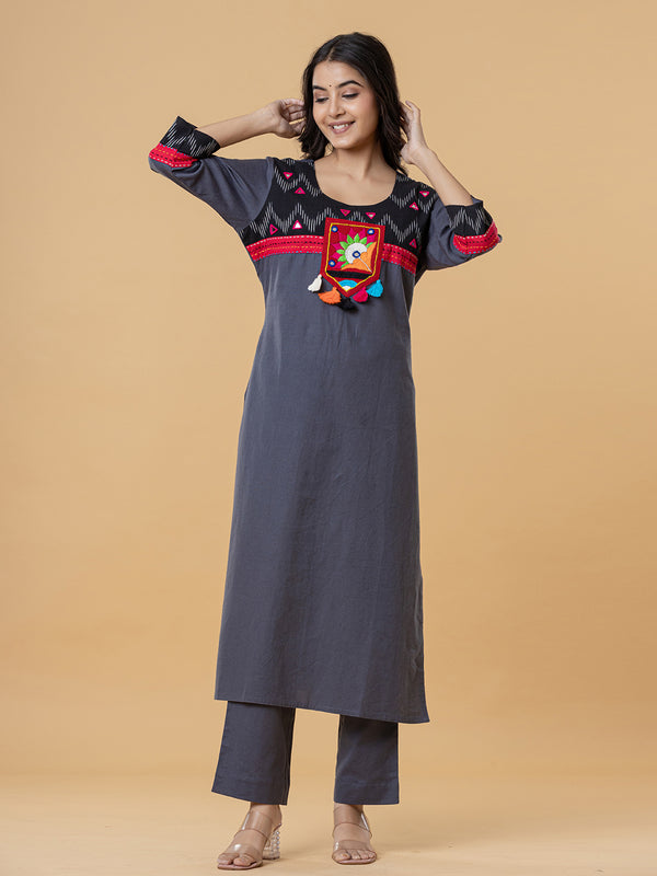 Charcoal Grey Cotton Kurti with Colorful Embroidered Yoke & Tassel Detailing