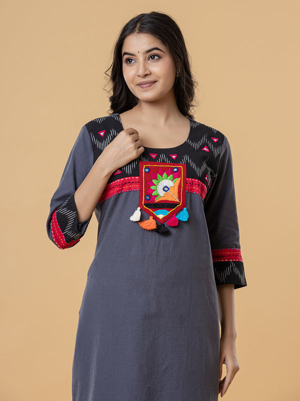 Charcoal Grey Cotton Kurti with Colorful Embroidered Yoke & Tassel Detailing