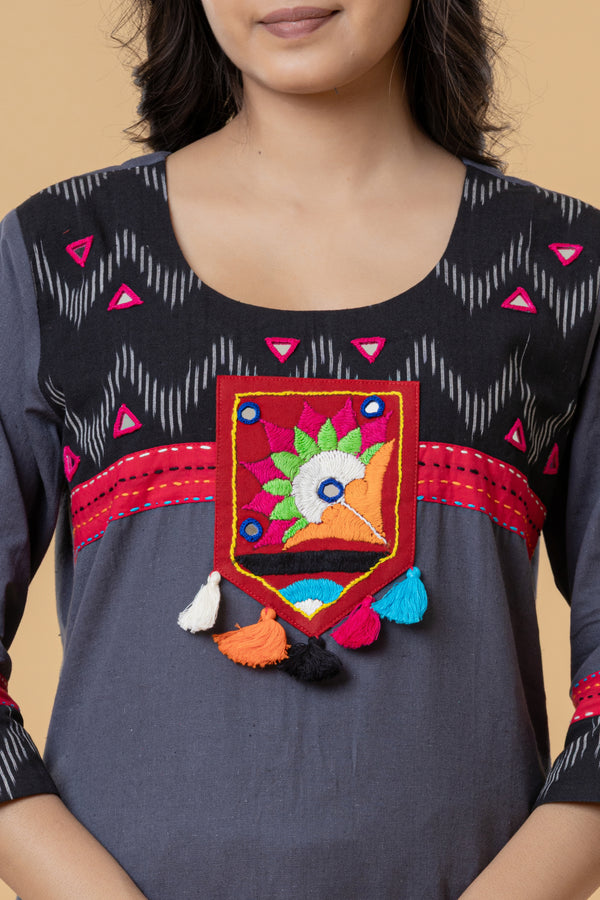 Charcoal Grey Kurti with Colorful Embroidered Yoke & Tassel Detailing