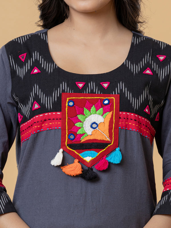 Charcoal Grey Cotton Kurti with Colorful Embroidered Yoke & Tassel Detailing