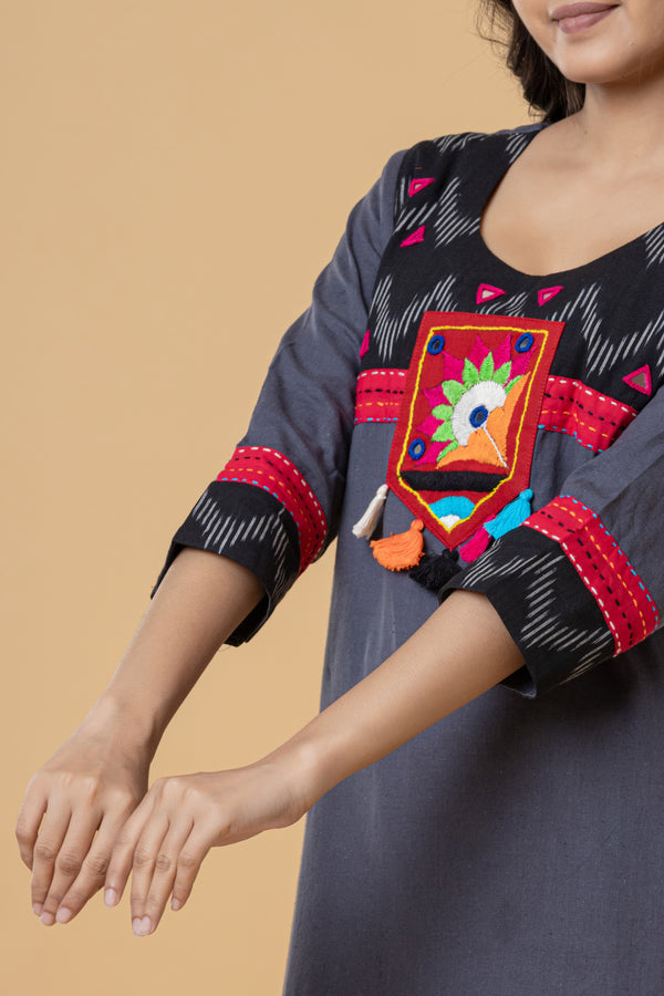 Charcoal Grey Kurti with Colorful Embroidered Yoke & Tassel Detailing