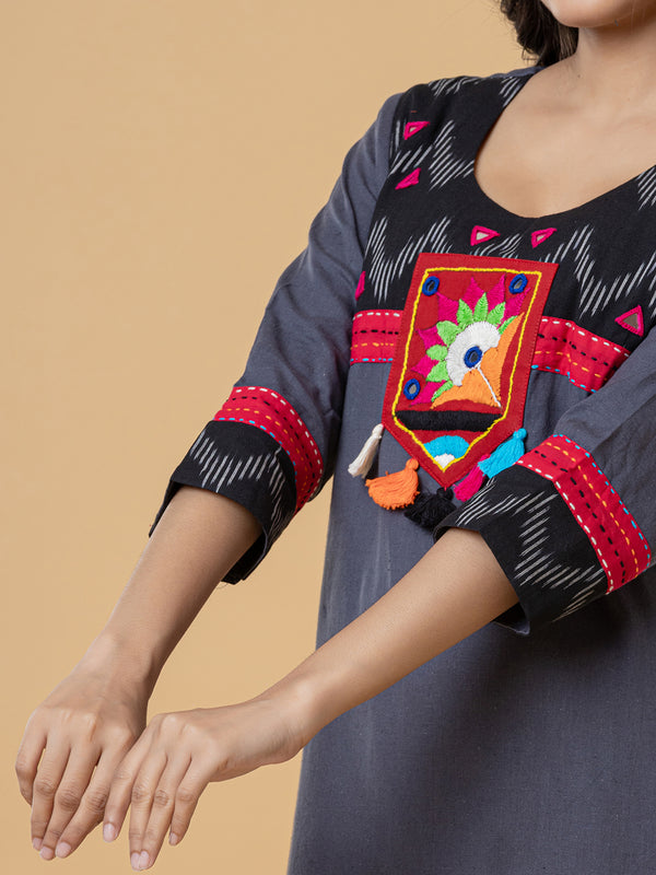 Charcoal Grey Cotton Kurti with Colorful Embroidered Yoke & Tassel Detailing