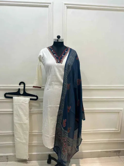 White cotton Kurta Pant with Dupatta