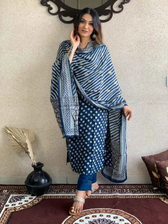 Blue Muslin Dupatta Set