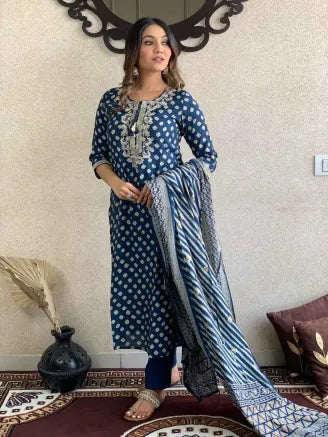 Blue Muslin Dupatta Set