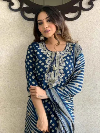 Blue Muslin Dupatta Set