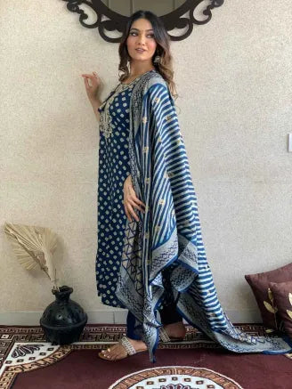 Blue Muslin Dupatta Set