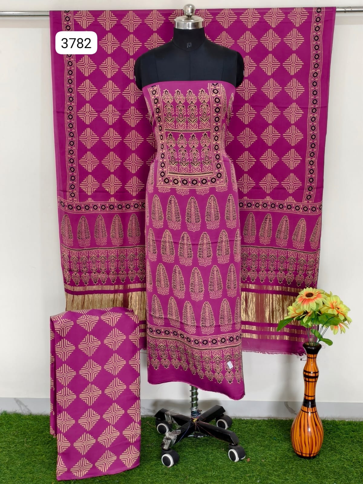 Magenta Modal Silk Ajarakh Suit Set