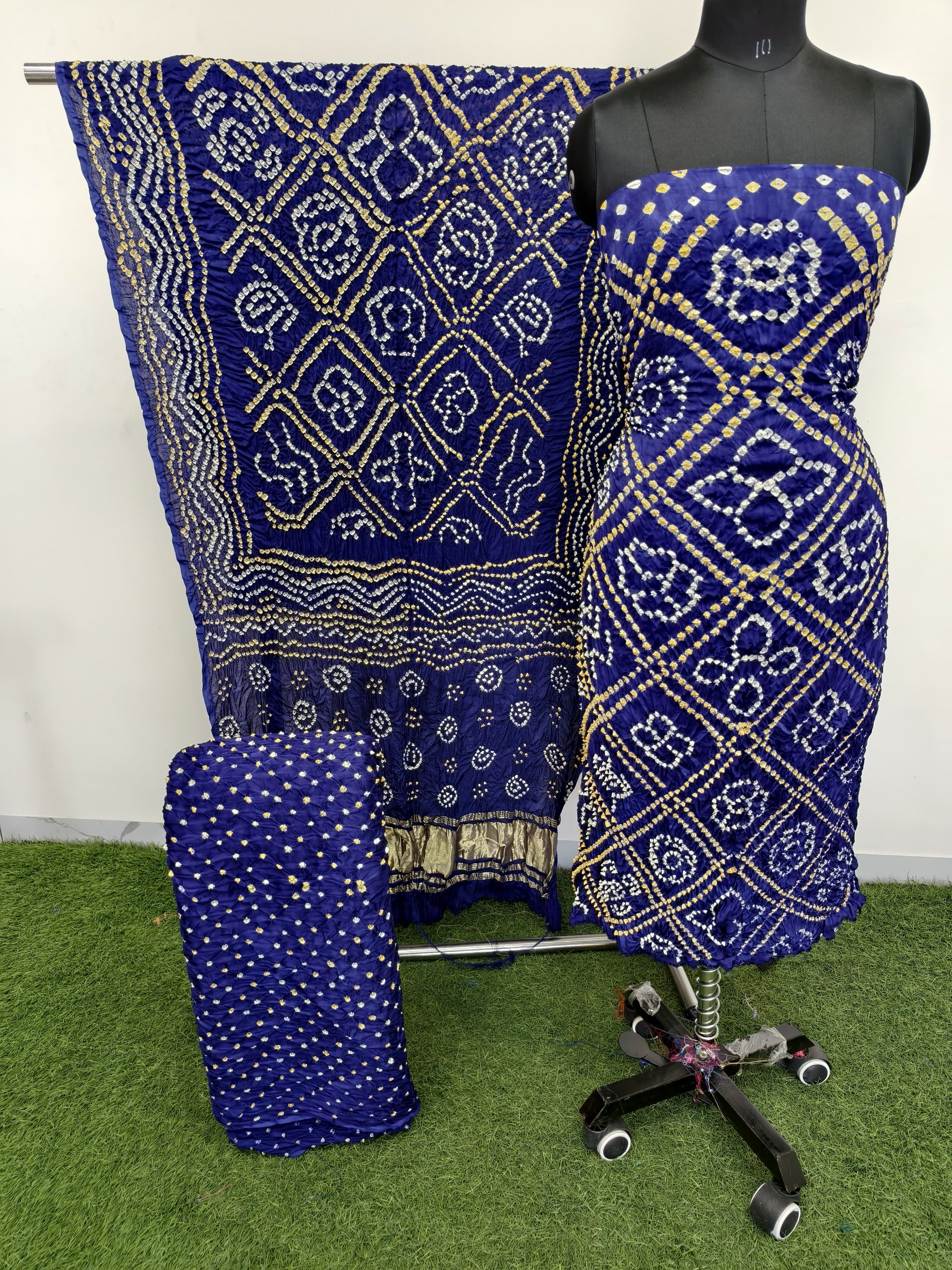 Blue Modal Silk Handmade Bhandhej Suit Set