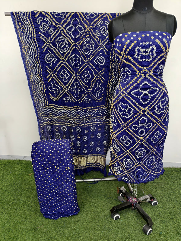 Blue Modal Silk Handmade Bhandhej Suit Set
