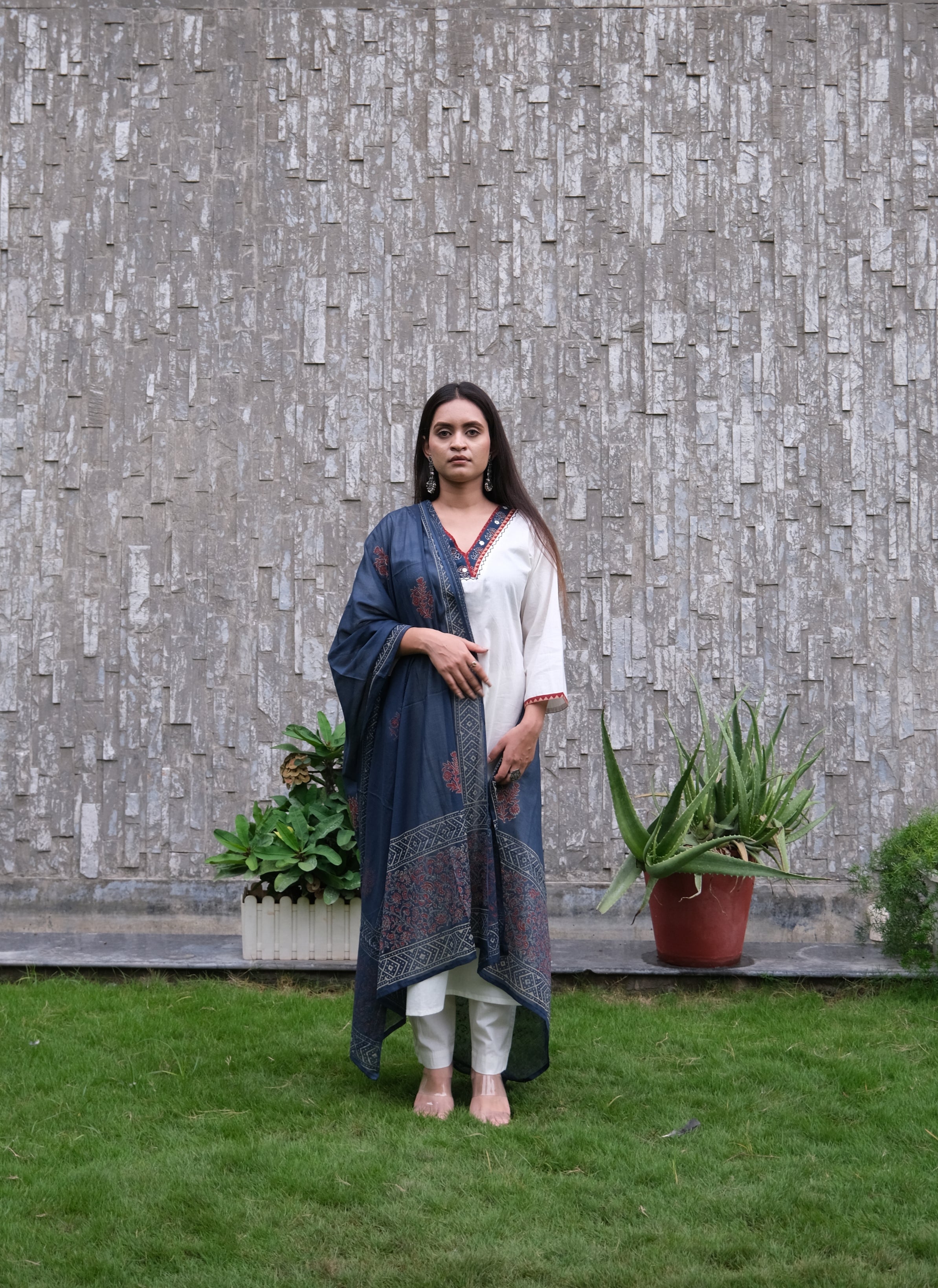 White cotton Kurta Pant with Dupatta