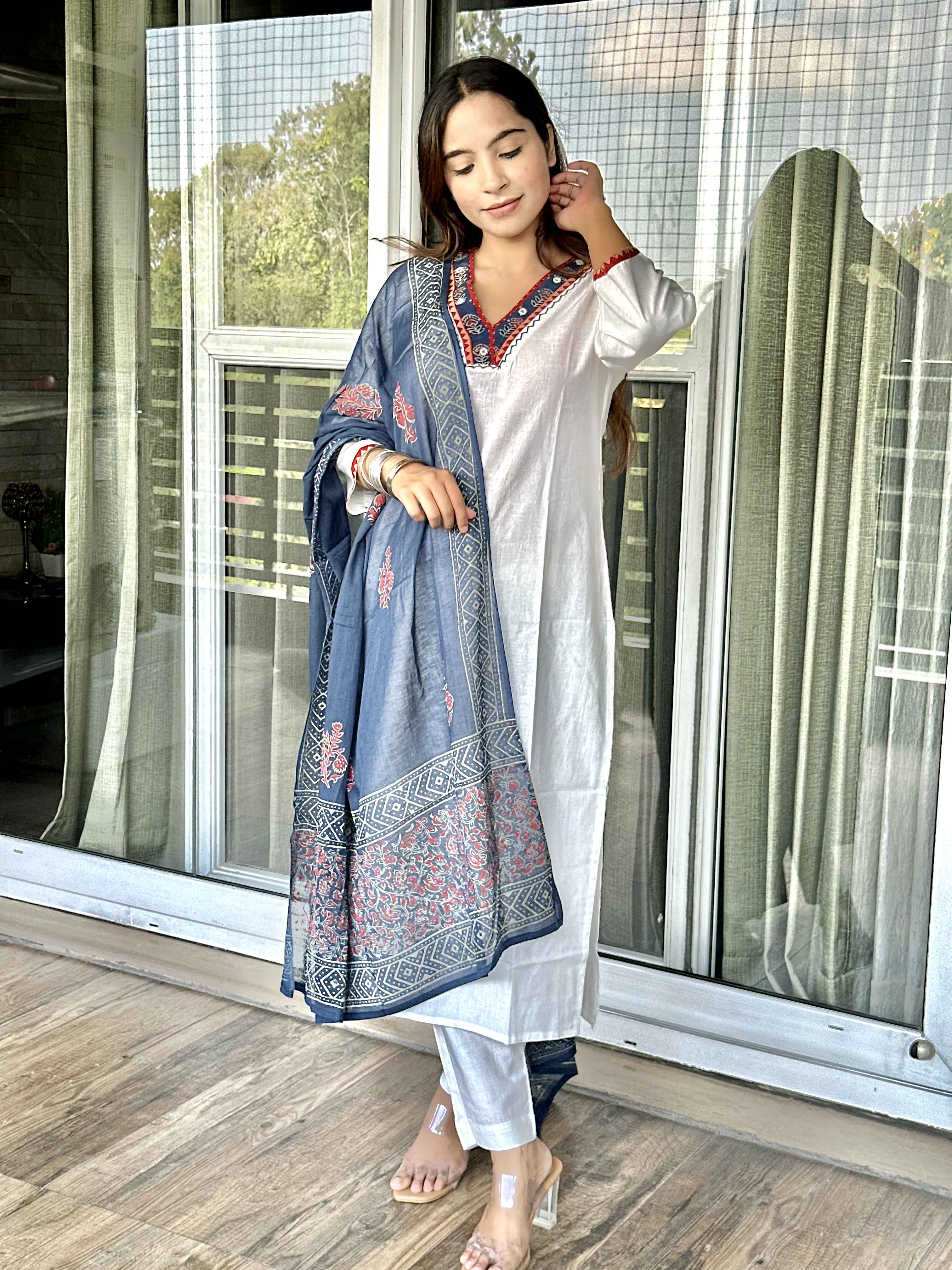 White Cotton Kurta Pant with Dupatta