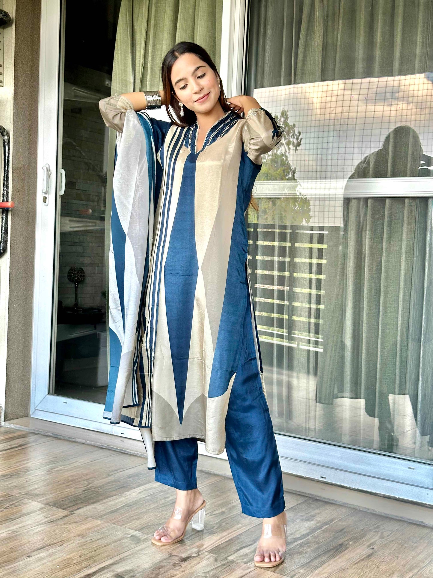 Blue Muslin Dupatta set