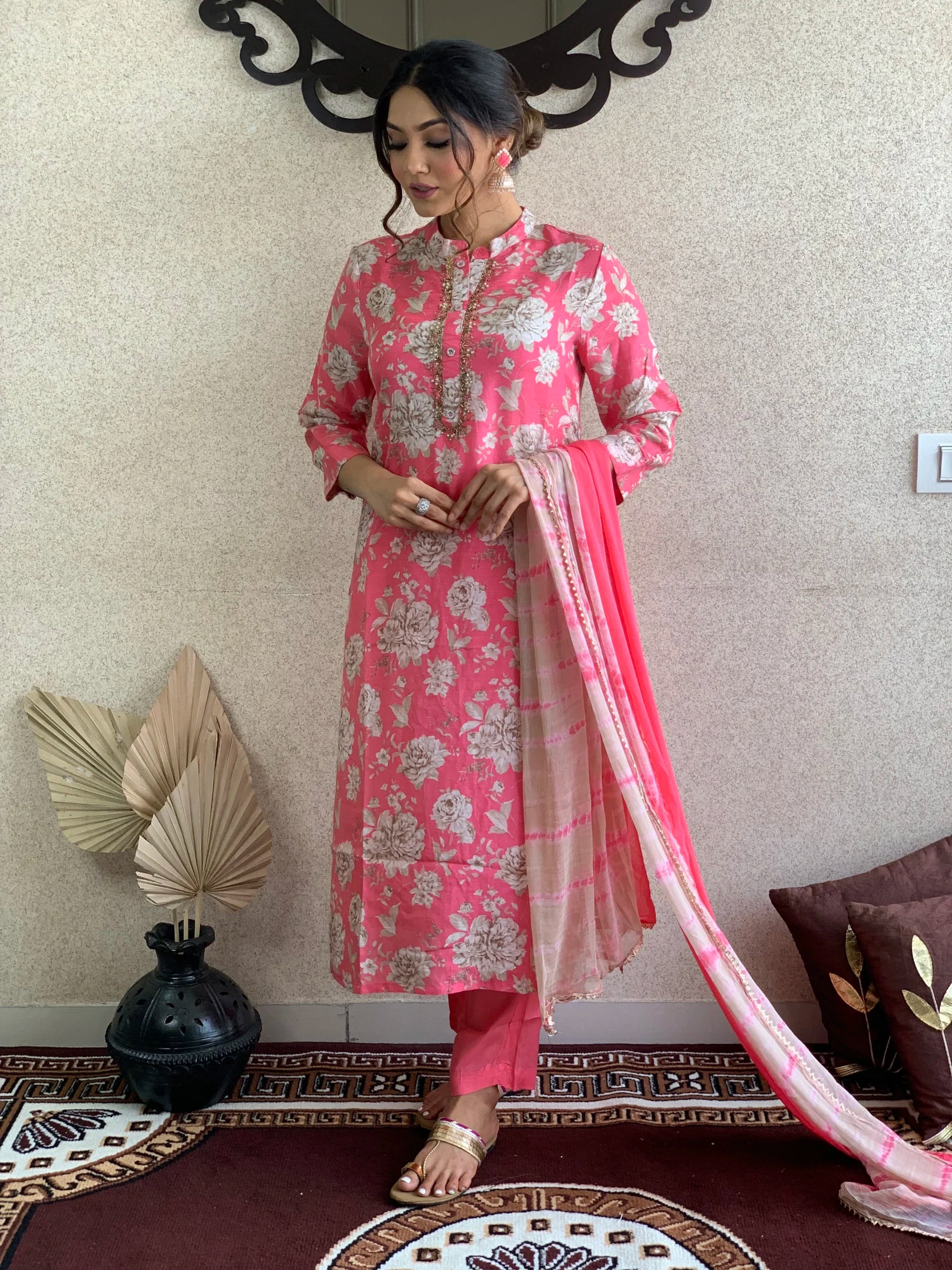 Pink Floral Print Muslin Kurta Pant With Dupatta