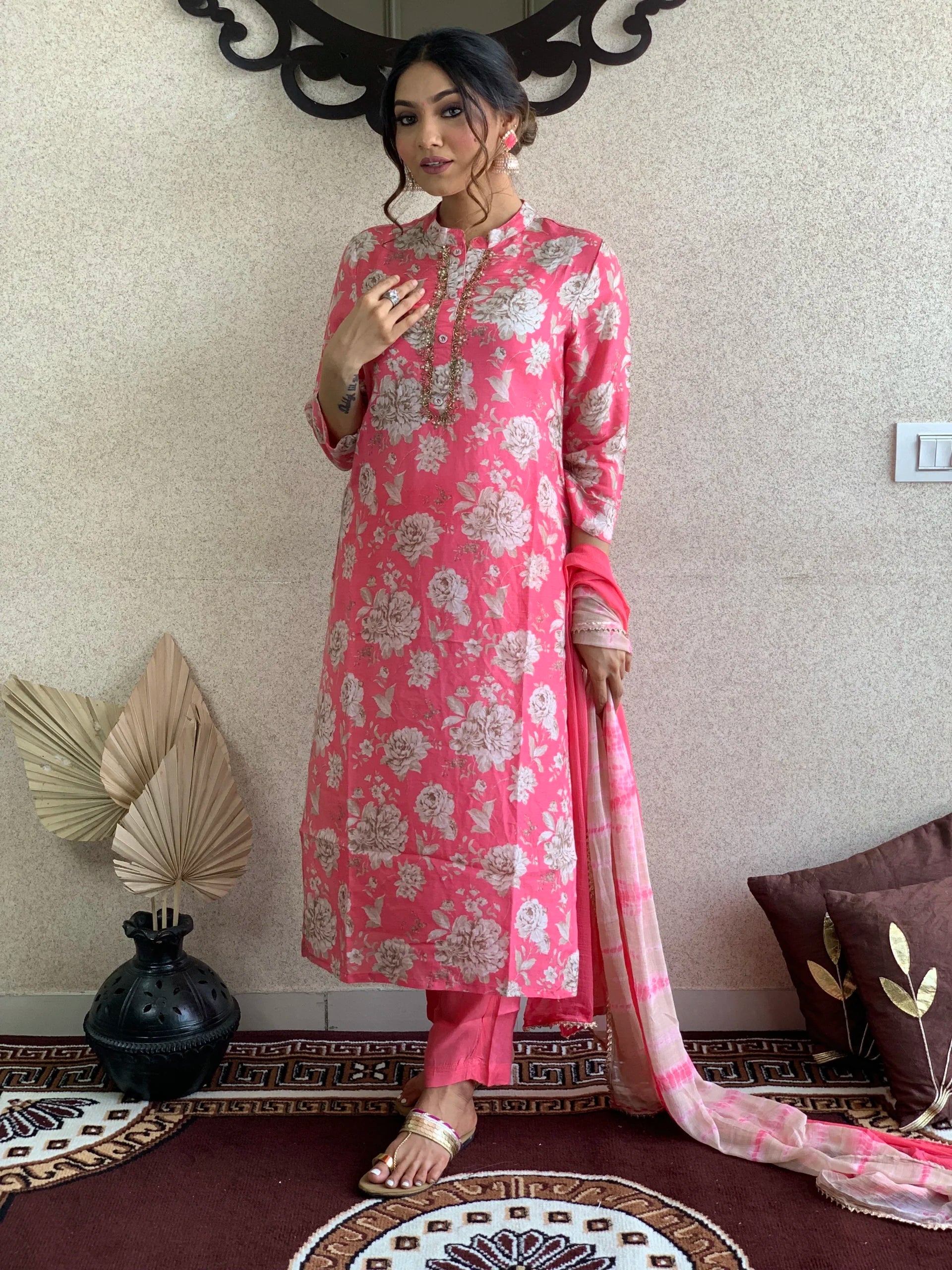 Pink Floral Print Muslin Kurta Pant With Dupatta