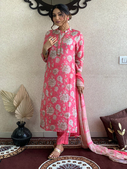 Pink Floral Muslin Dupatta Set
