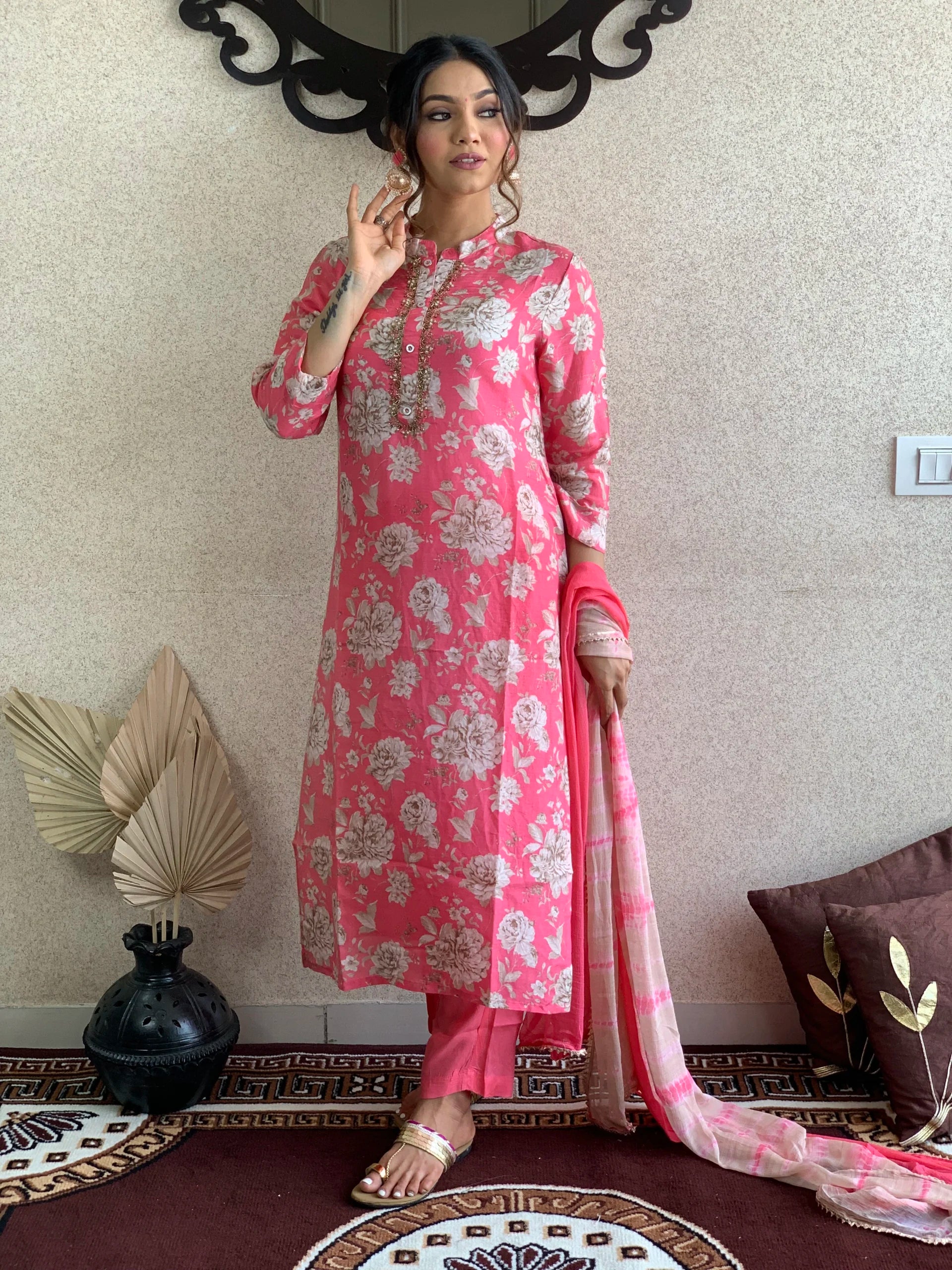 Pink Floral Print Muslin Kurta Pant With Dupatta