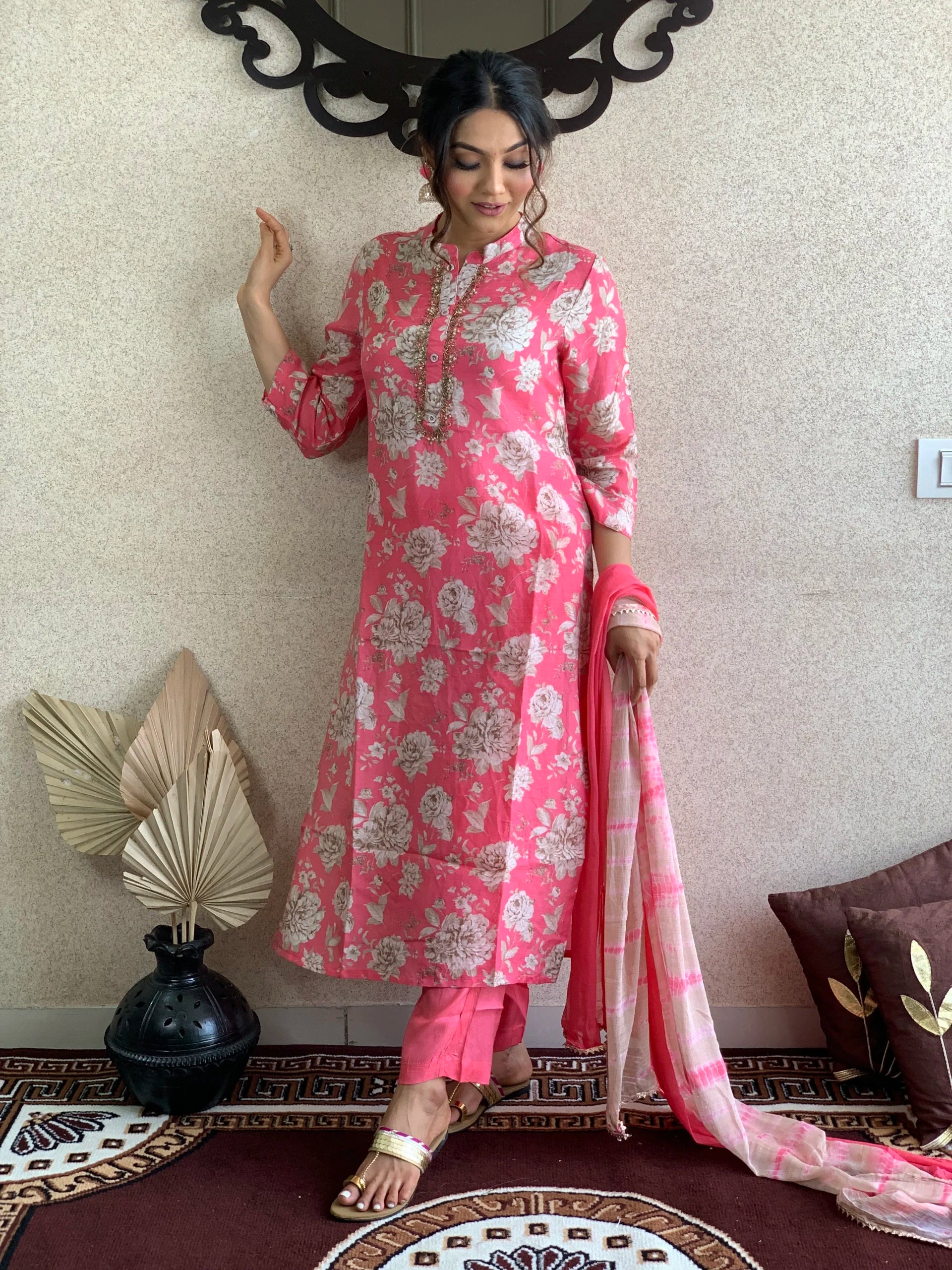 Pink Floral Print Muslin Kurta Pant With Dupatta