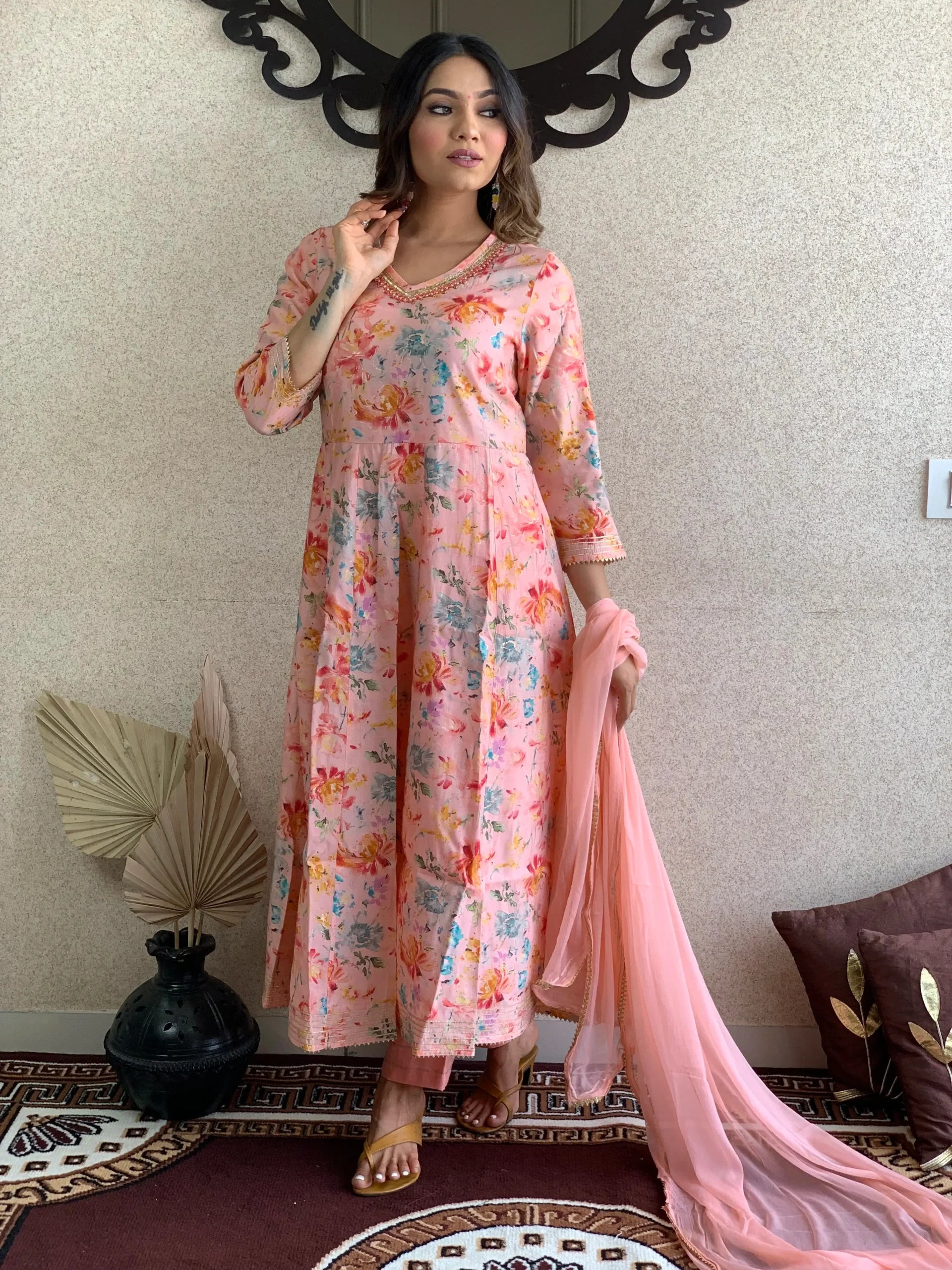 Peach Pink Floral Kurta Pant with Dupatta