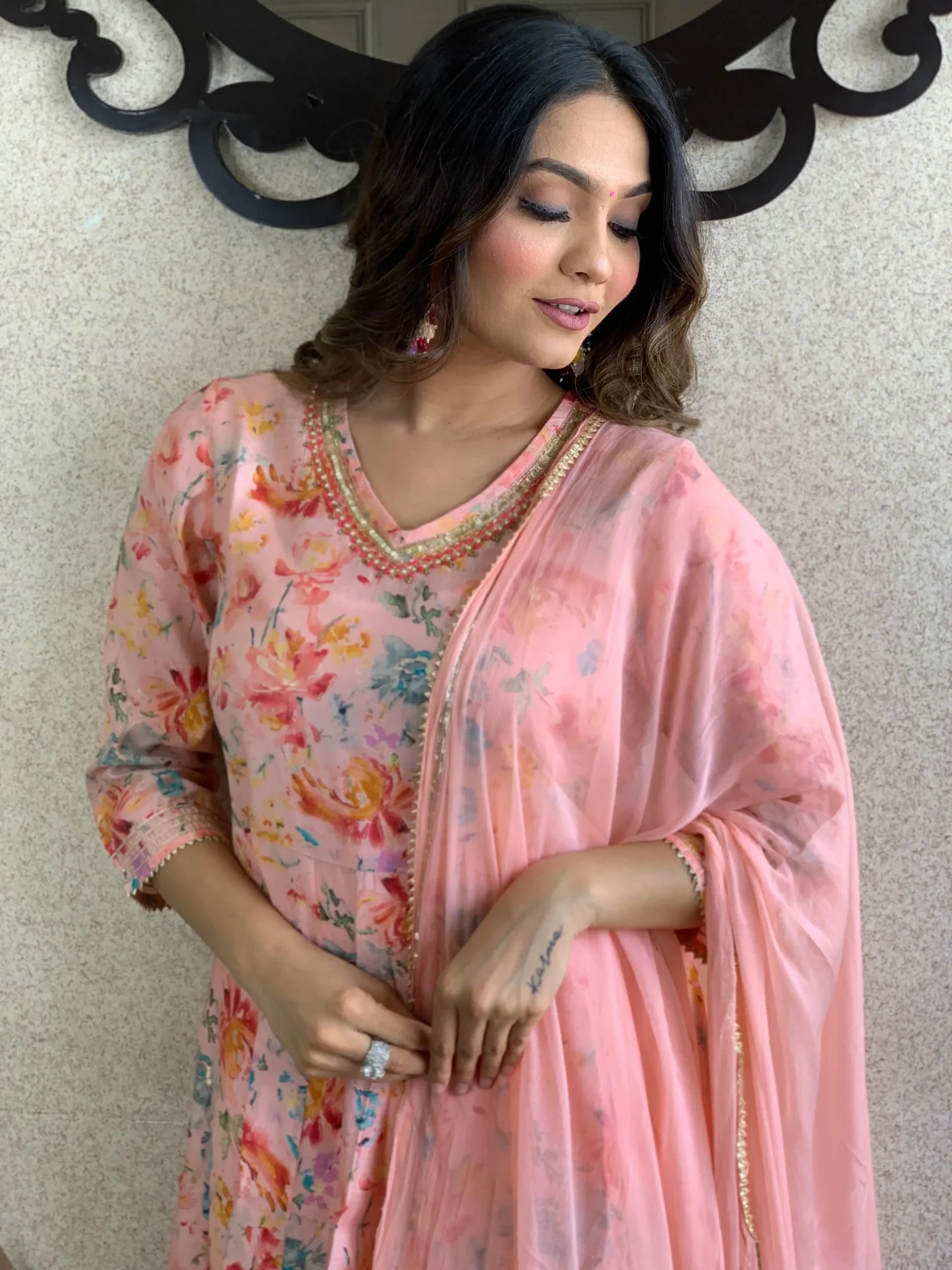 Peach Pink Floral Kurta Pant with Dupatta