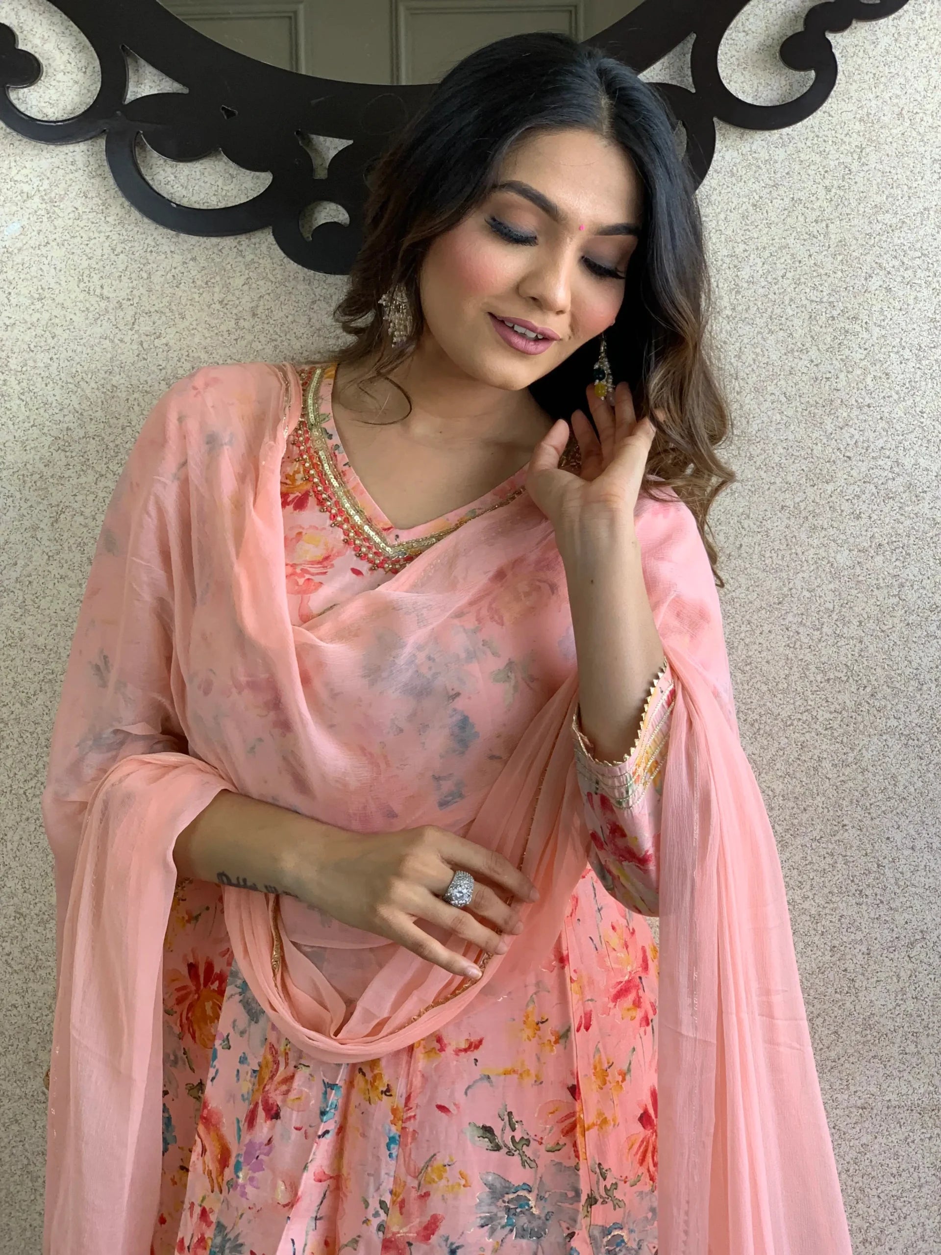 Peach Pink Floral Kurta Pant with Dupatta