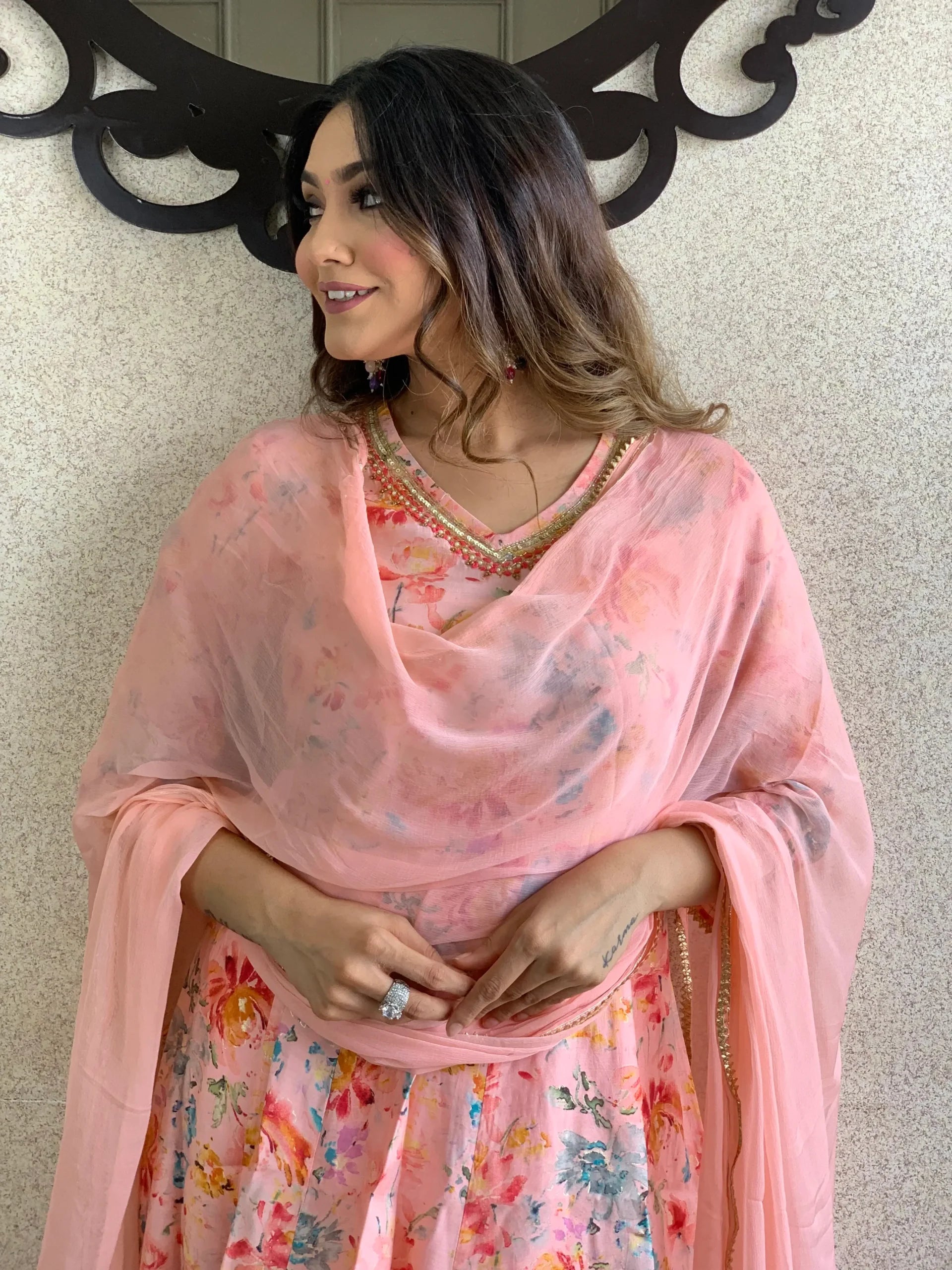 Peach Pink Floral Kurta Pant with Dupatta