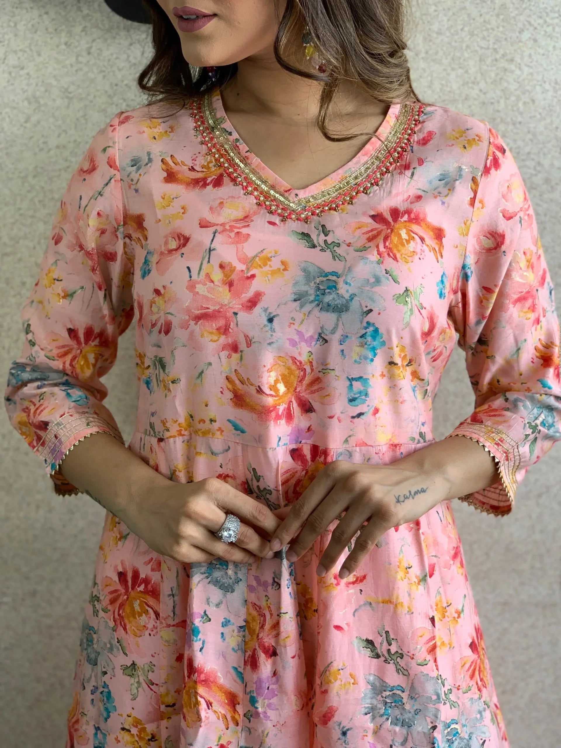 Peach Pink Floral Kurta Pant with Dupatta