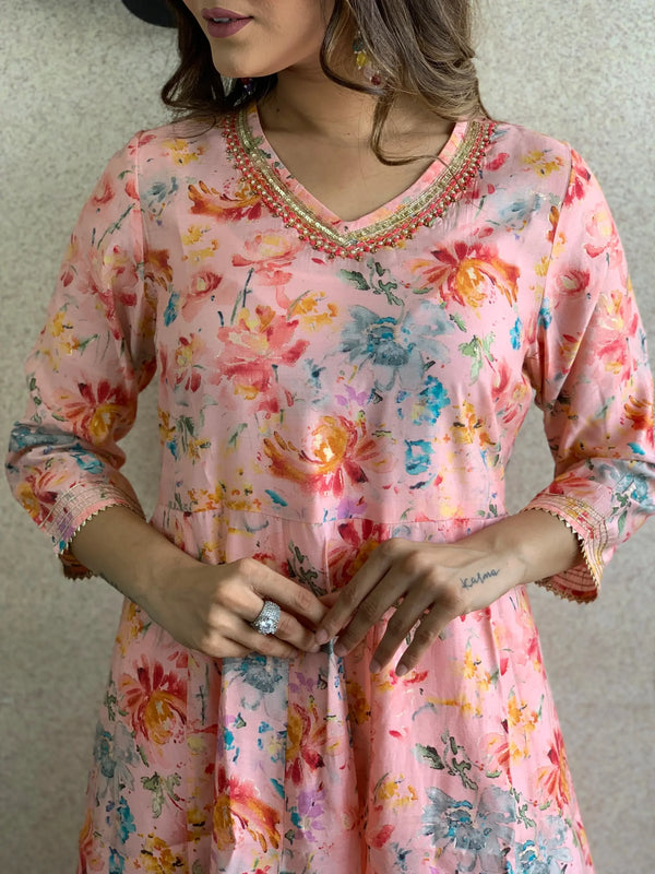 Peach Pink Floral Kurta Pant with Dupatta