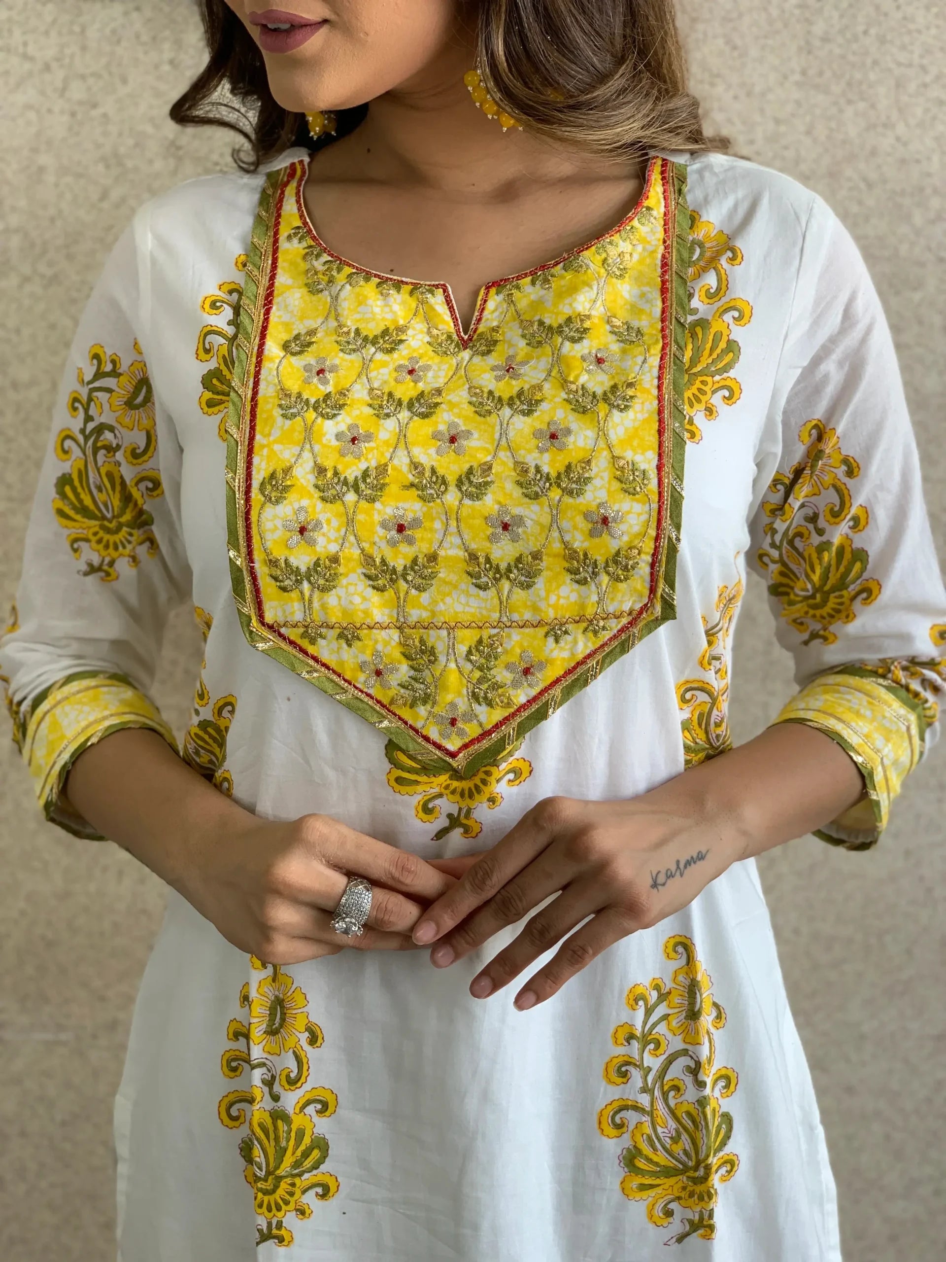 White Hand Block  Kurta Pant With Dupatta