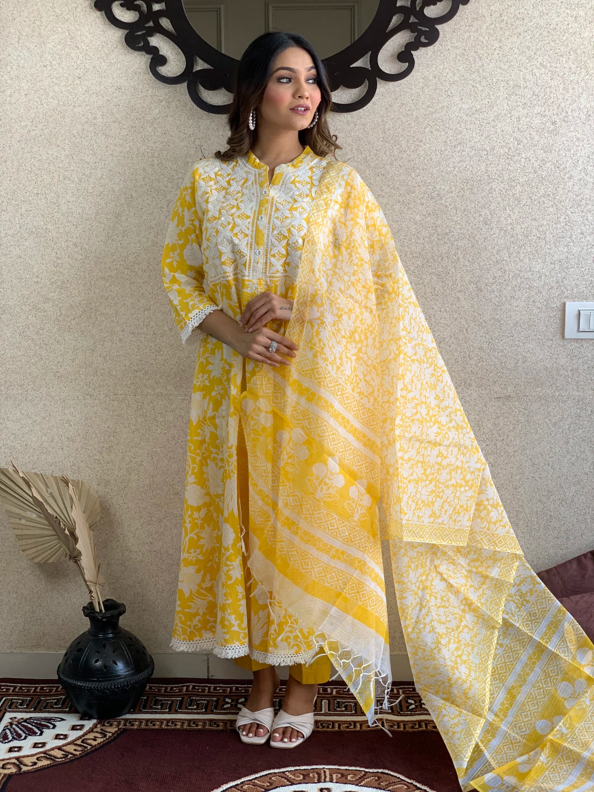 Yellow Print Cotton Kurta pant  With Kota Doriya Dupatta