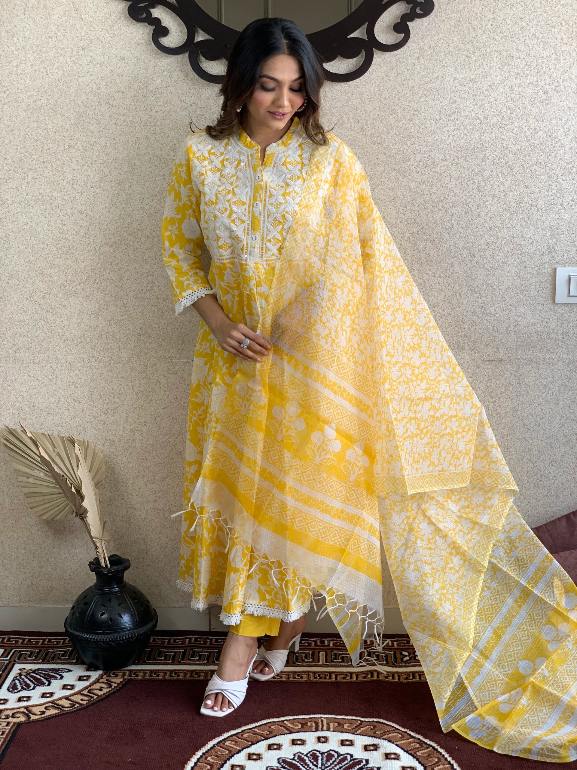 Yellow Print Cotton Kurta pant  With Kota Doriya Dupatta