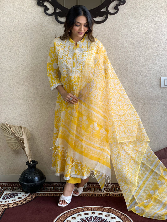 Yellow Cotton Kota Doriya Dupatta Set