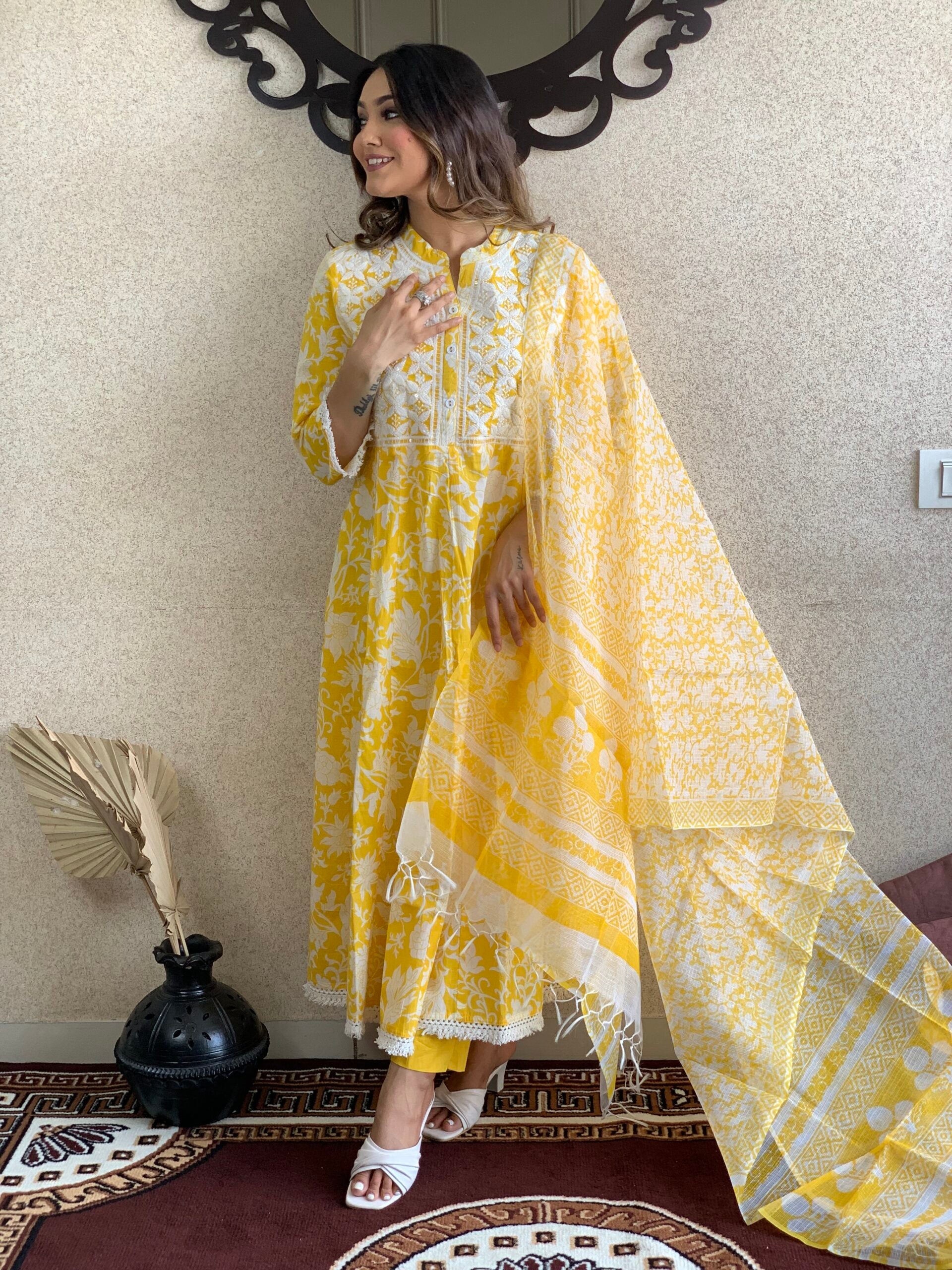 Yellow Print Cotton Kurta pant  With Kota Doriya Dupatta