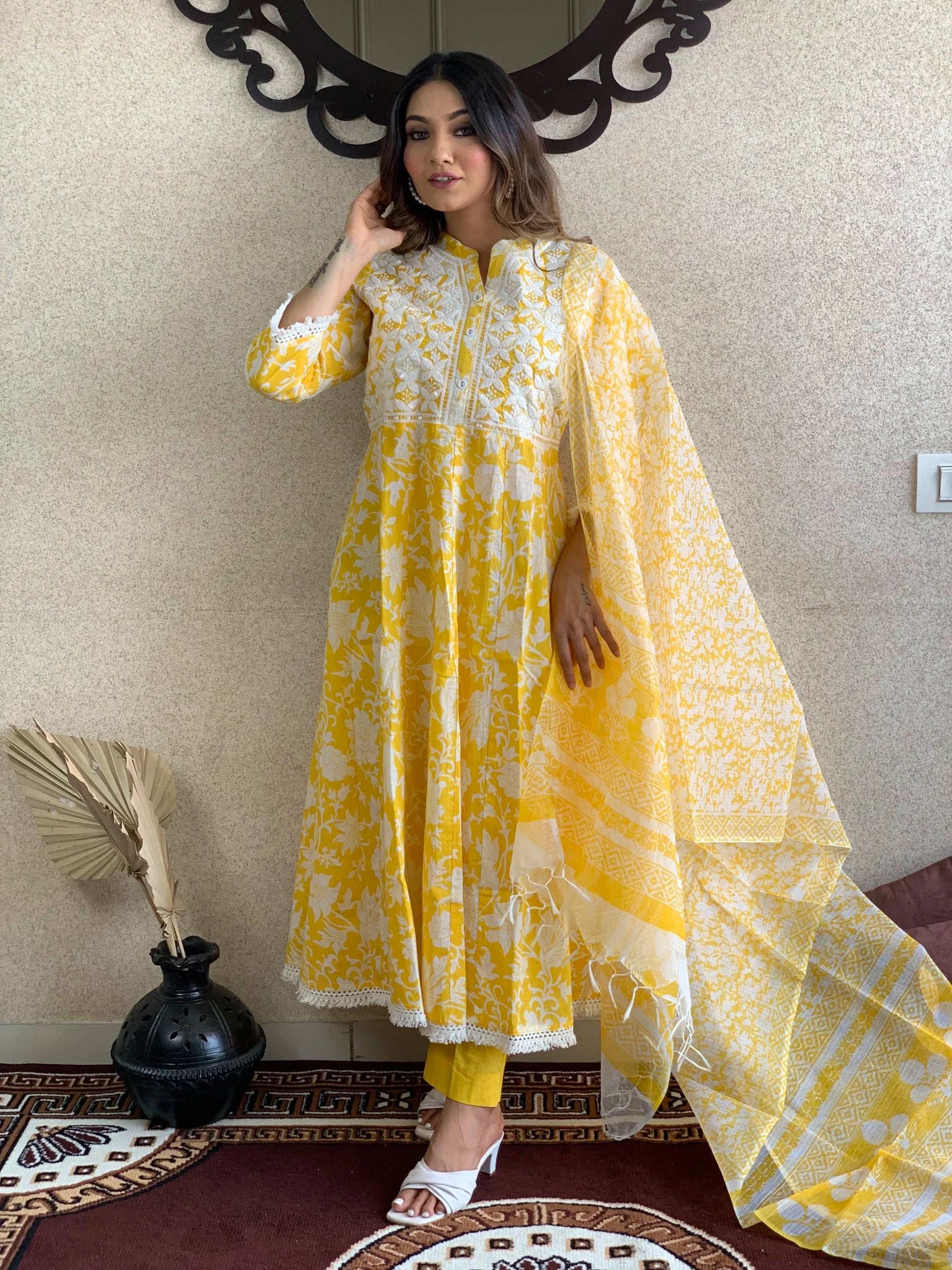 Yellow Print Cotton Kurta pant  With Kota Doriya Dupatta