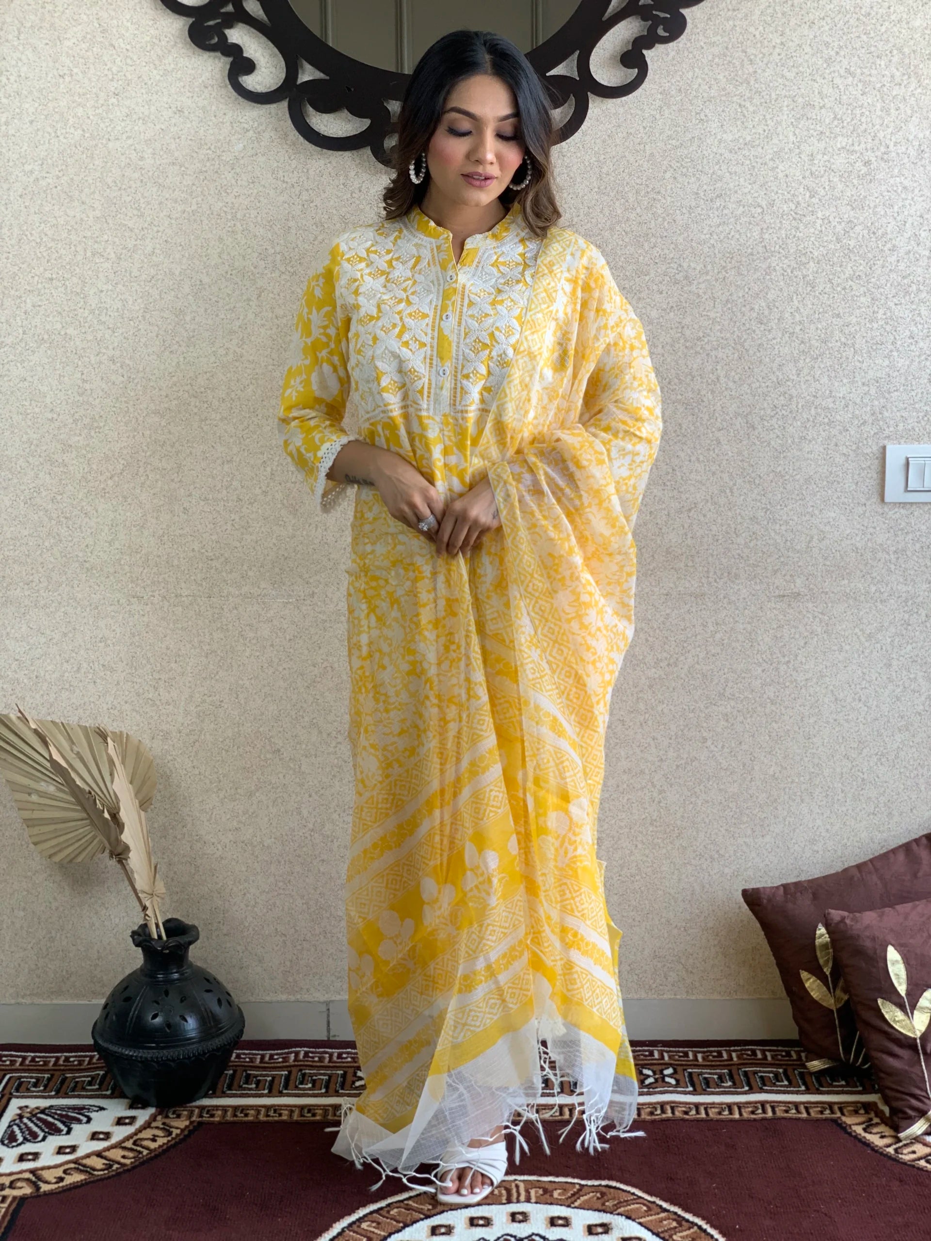 Yellow Print Cotton Kurta pant  With Kota Doriya Dupatta