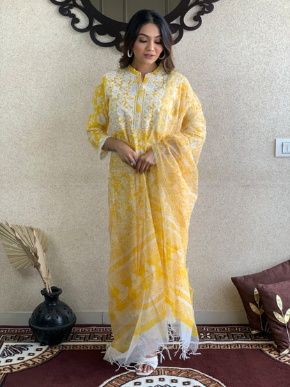 Yellow Cotton Kota Doriya Dupatta Set