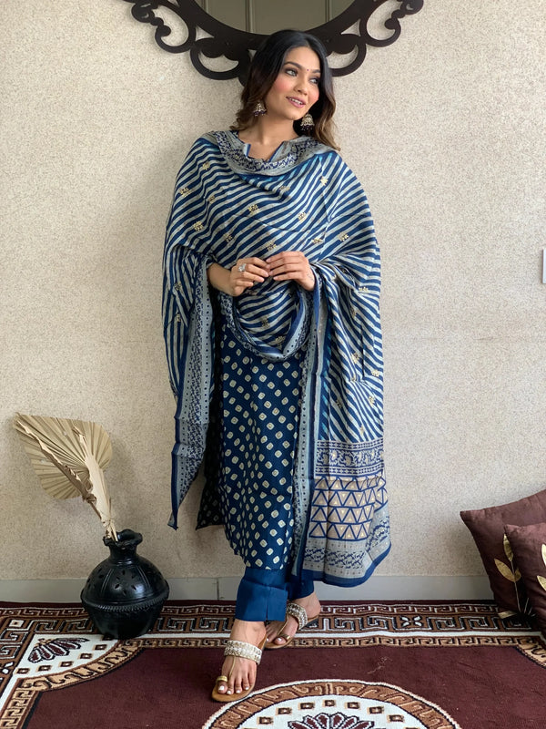 Blue Muslin Dupatta Set
