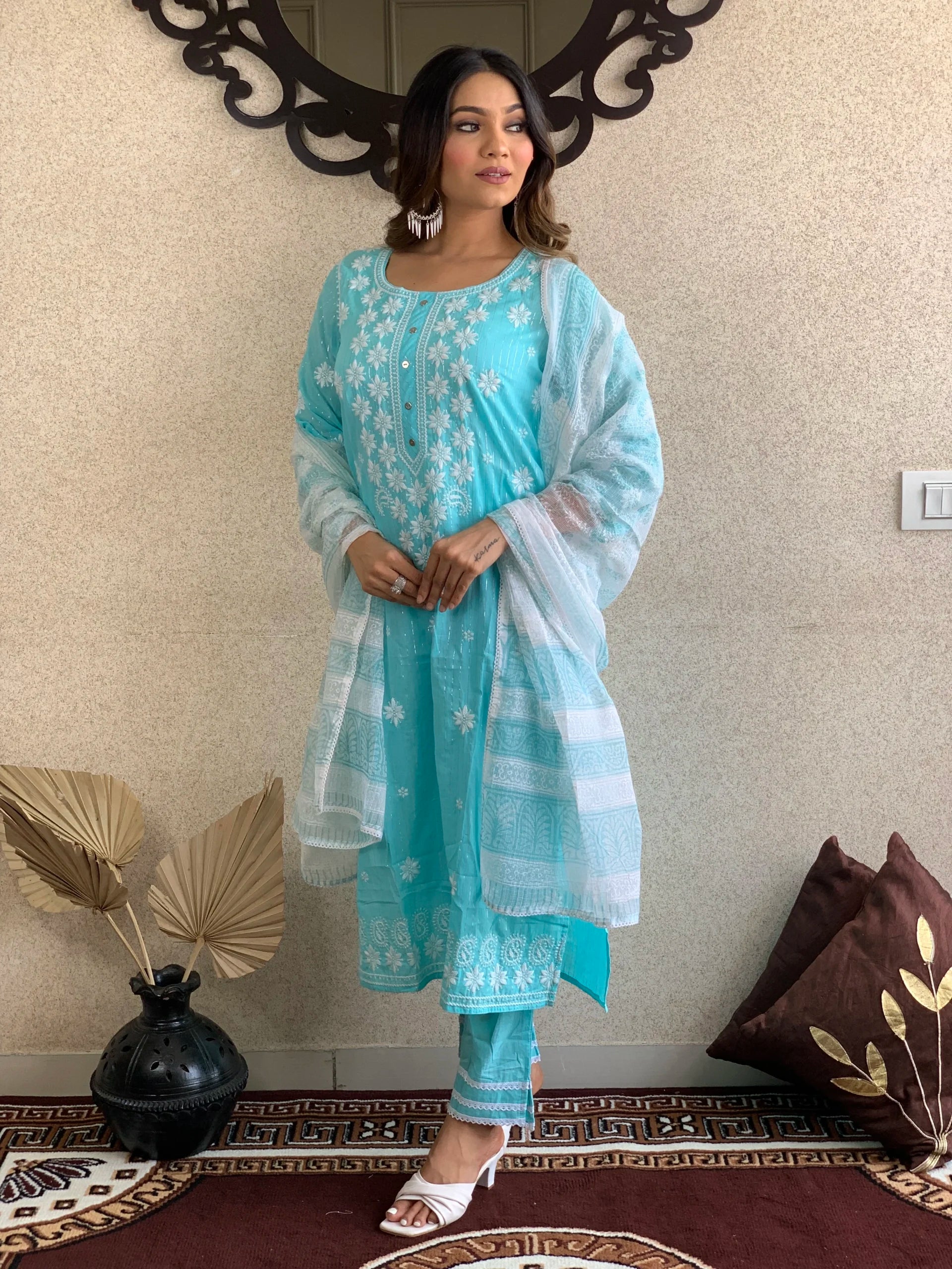 Light Blue Cotton Kurta Pant Set With Dupatta