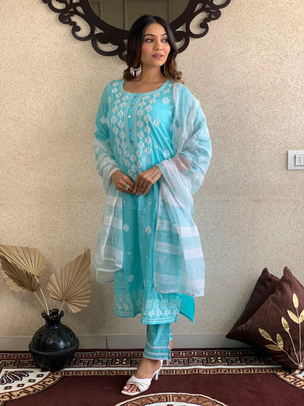 Light Blue Cotton Kurta Pant Set With Dupatta