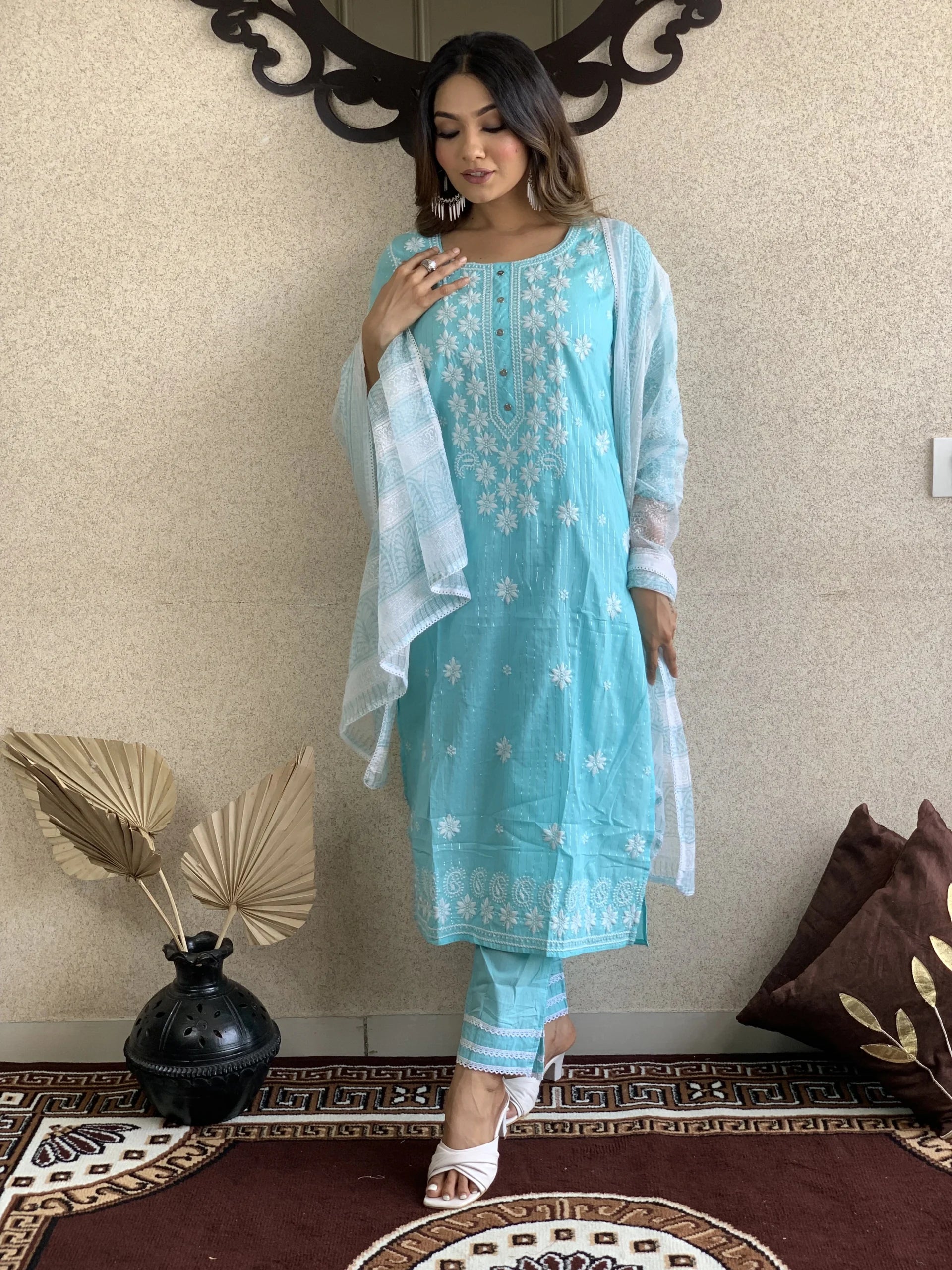 Light Blue Cotton Kurta Pant Set With Dupatta