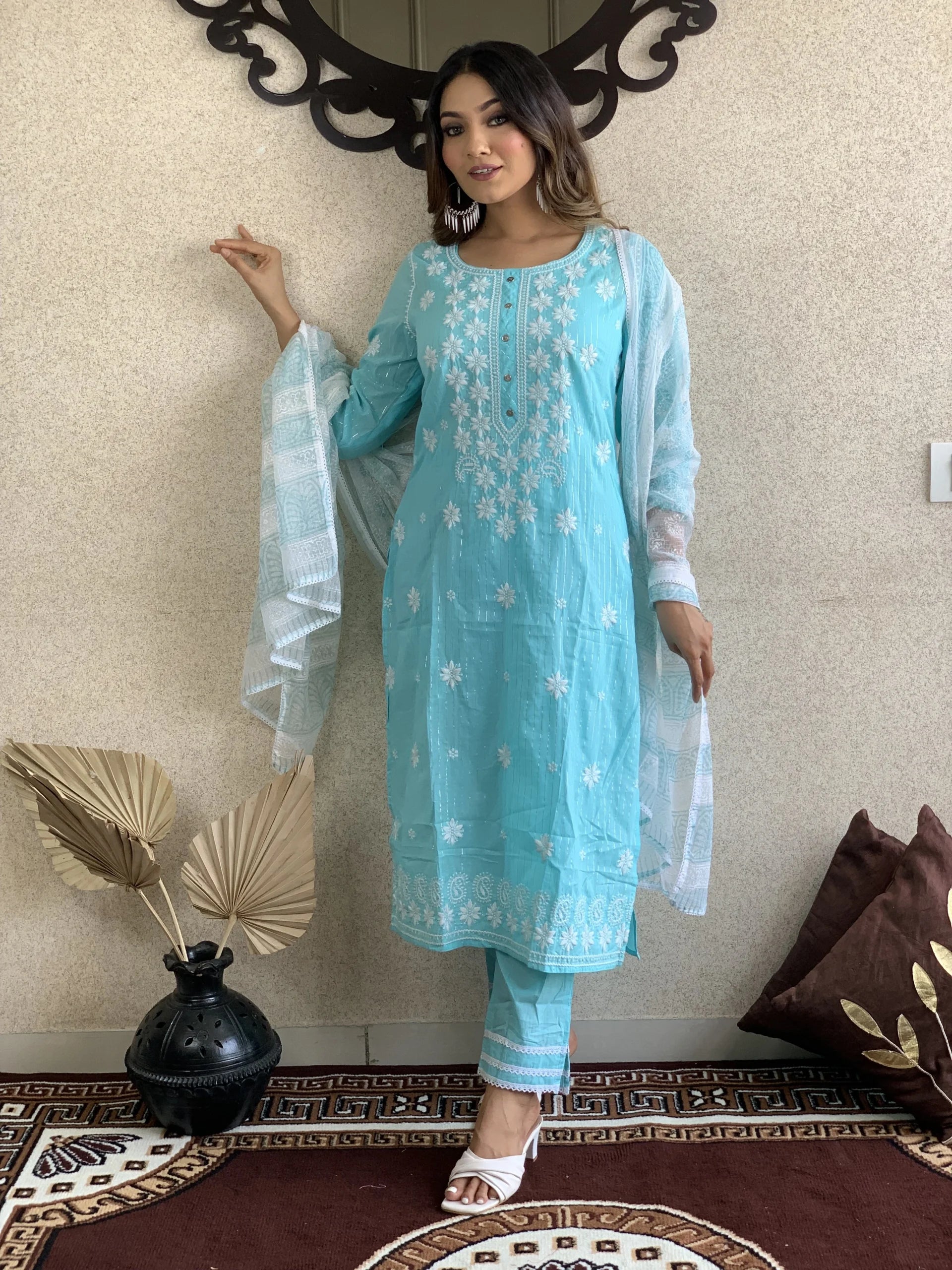 Light Blue Cotton Kurta Pant Set With Dupatta