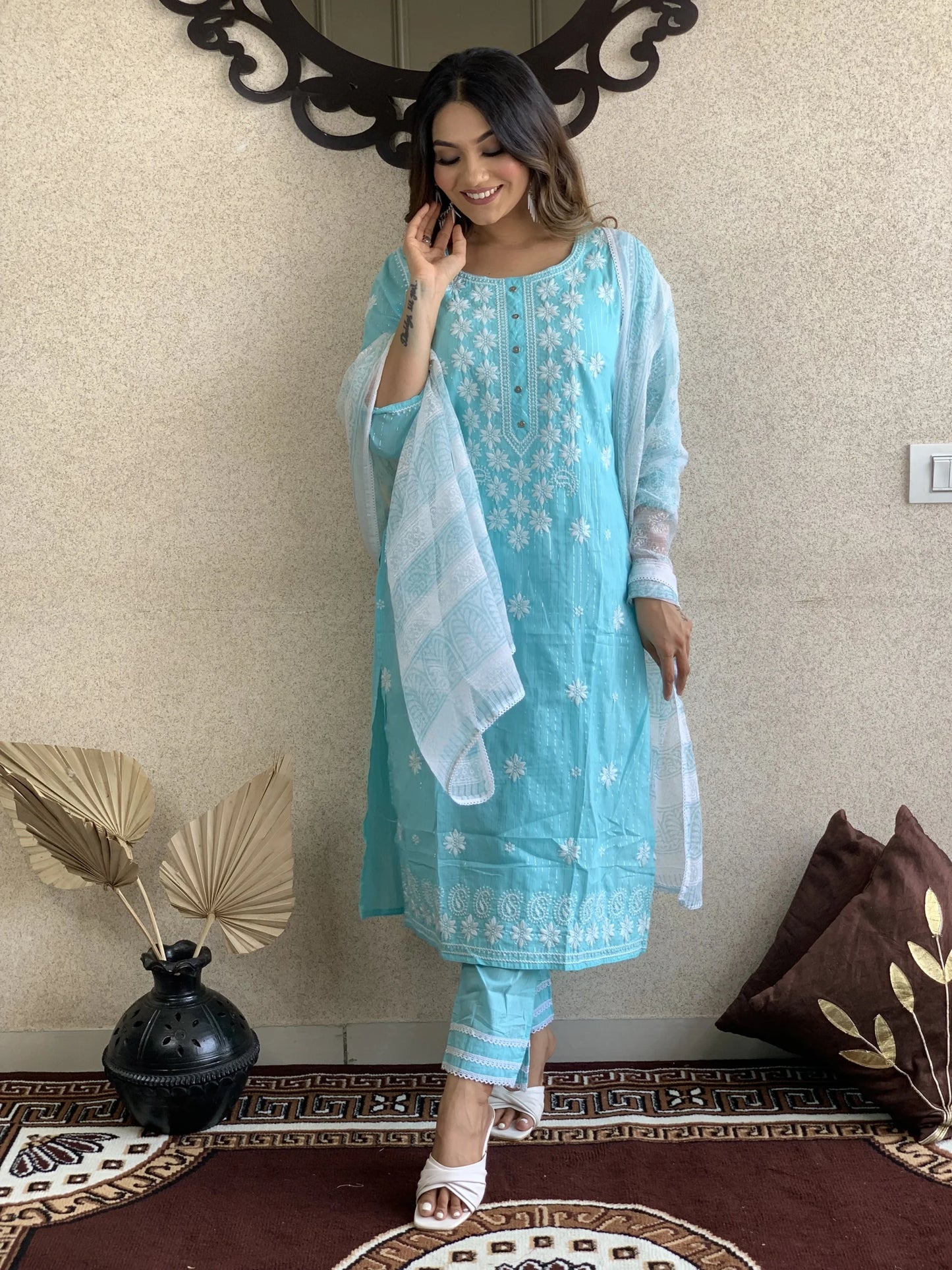 Light Blue Cotton Dupatta Set