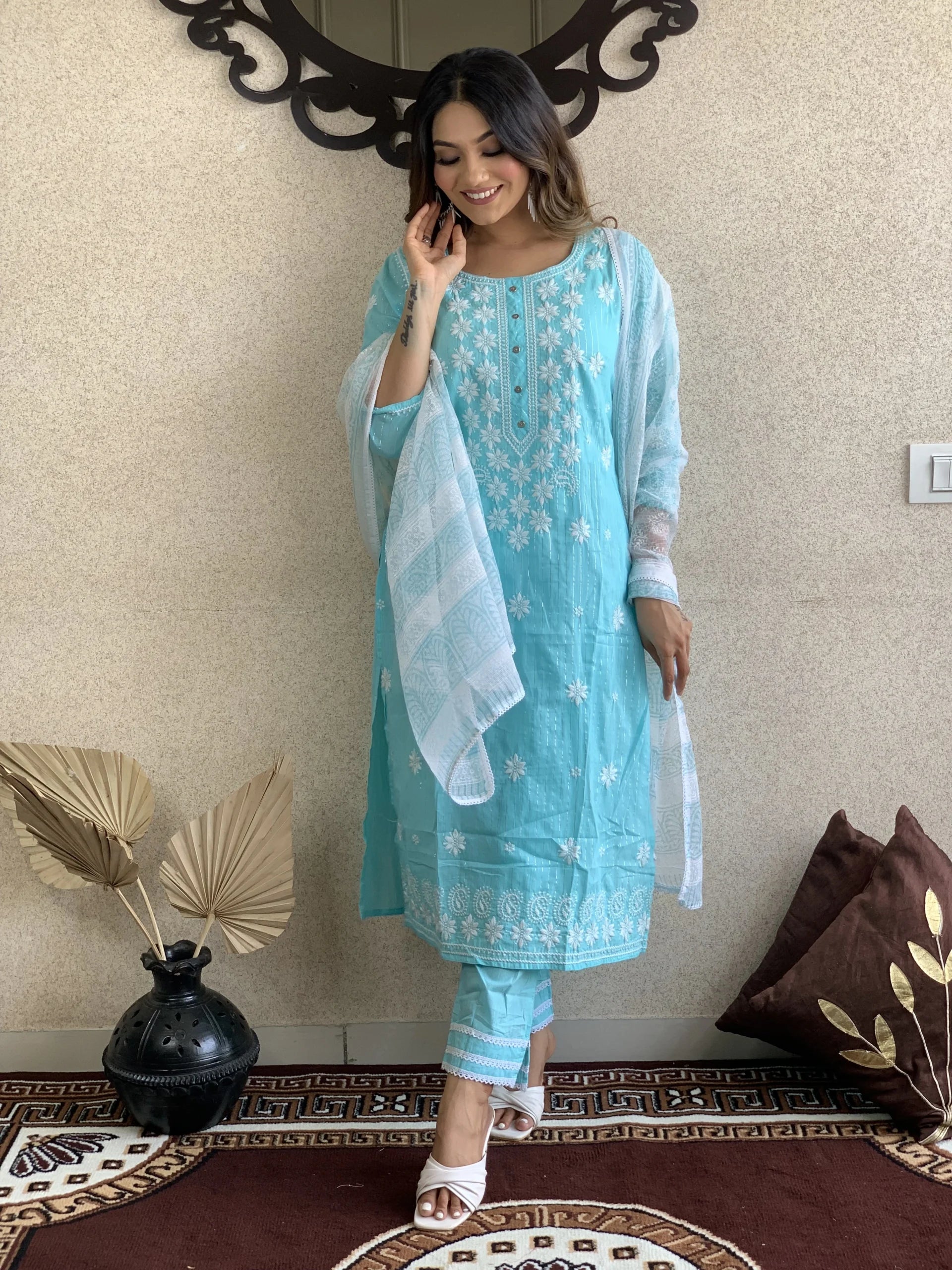 Light Blue Cotton Kurta Pant Set With Dupatta