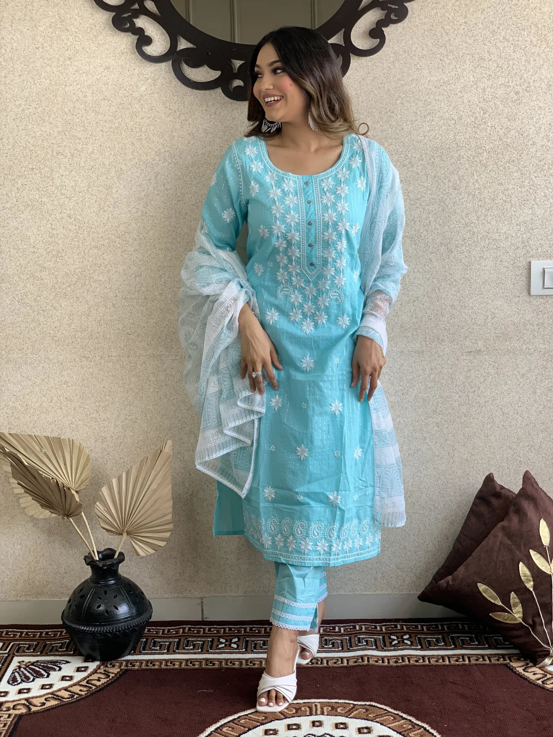 Light Blue Cotton Kurta Pant Set With Dupatta